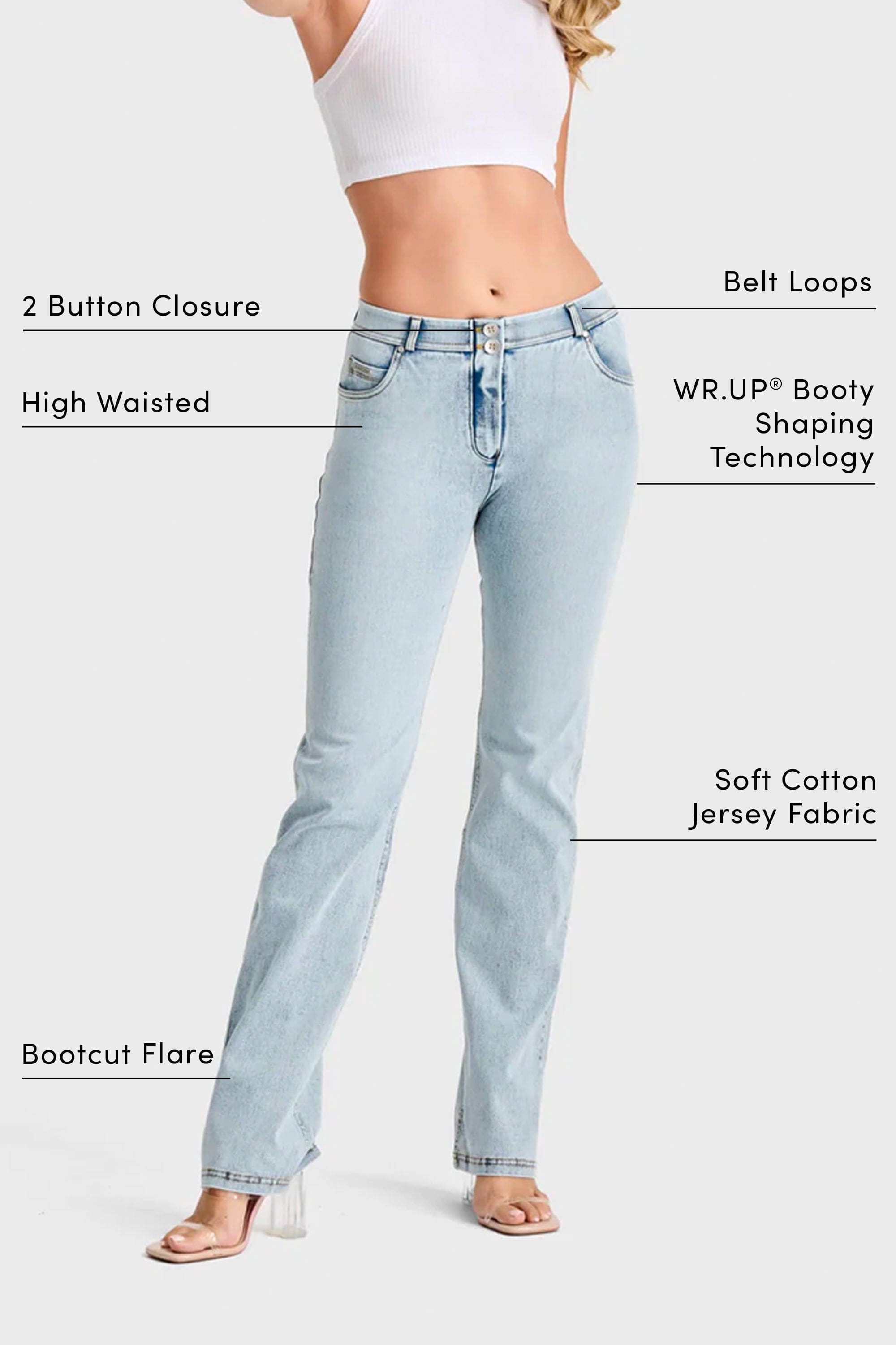 WR.UP® SNUG Jeans - 2 Button High Waisted - Bootcut - Light Blue + Yellow Stitching 3
