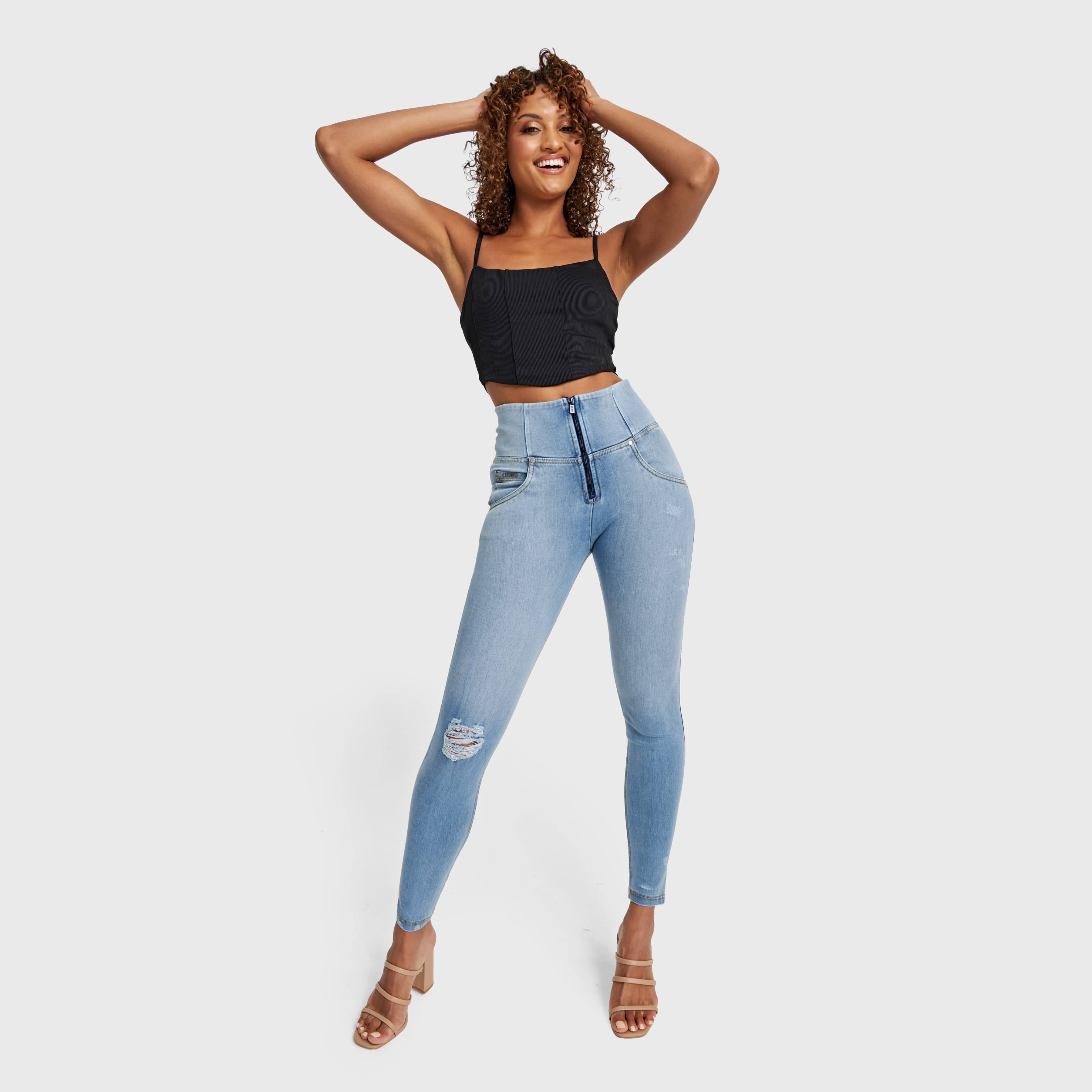 WR.UP® SNUG Distressed Jeans - High Waisted - Full Length - Light Blue + Yellow Stitching 3
