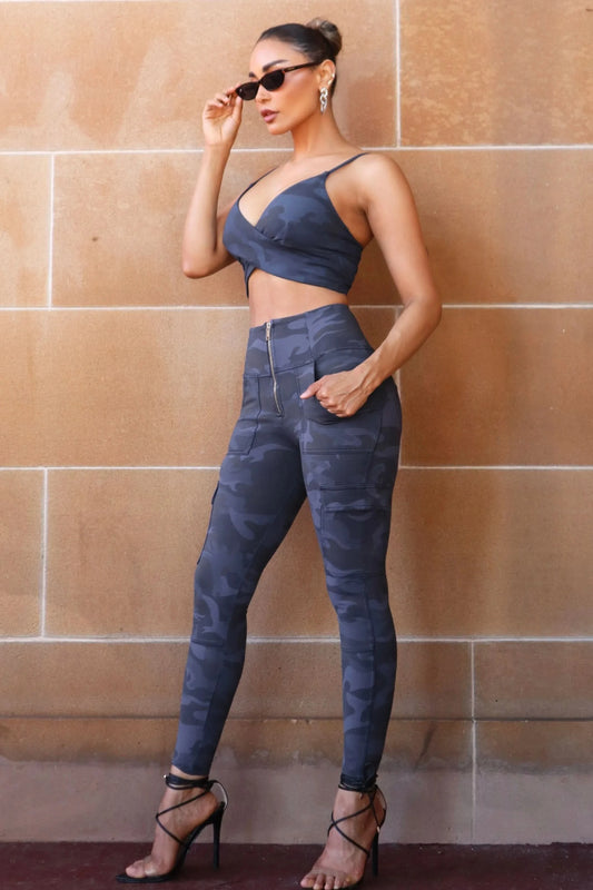 WRUP Cargo Fashion - High Waisted - 7/8 Length - Navy Blue Camo