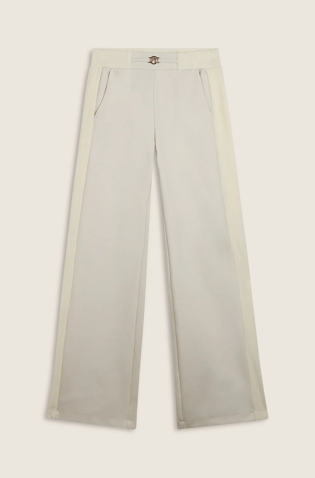 Women&#39;s Fashion Track Pants with Rose Gold Detail - High Waisted - Full Length - White