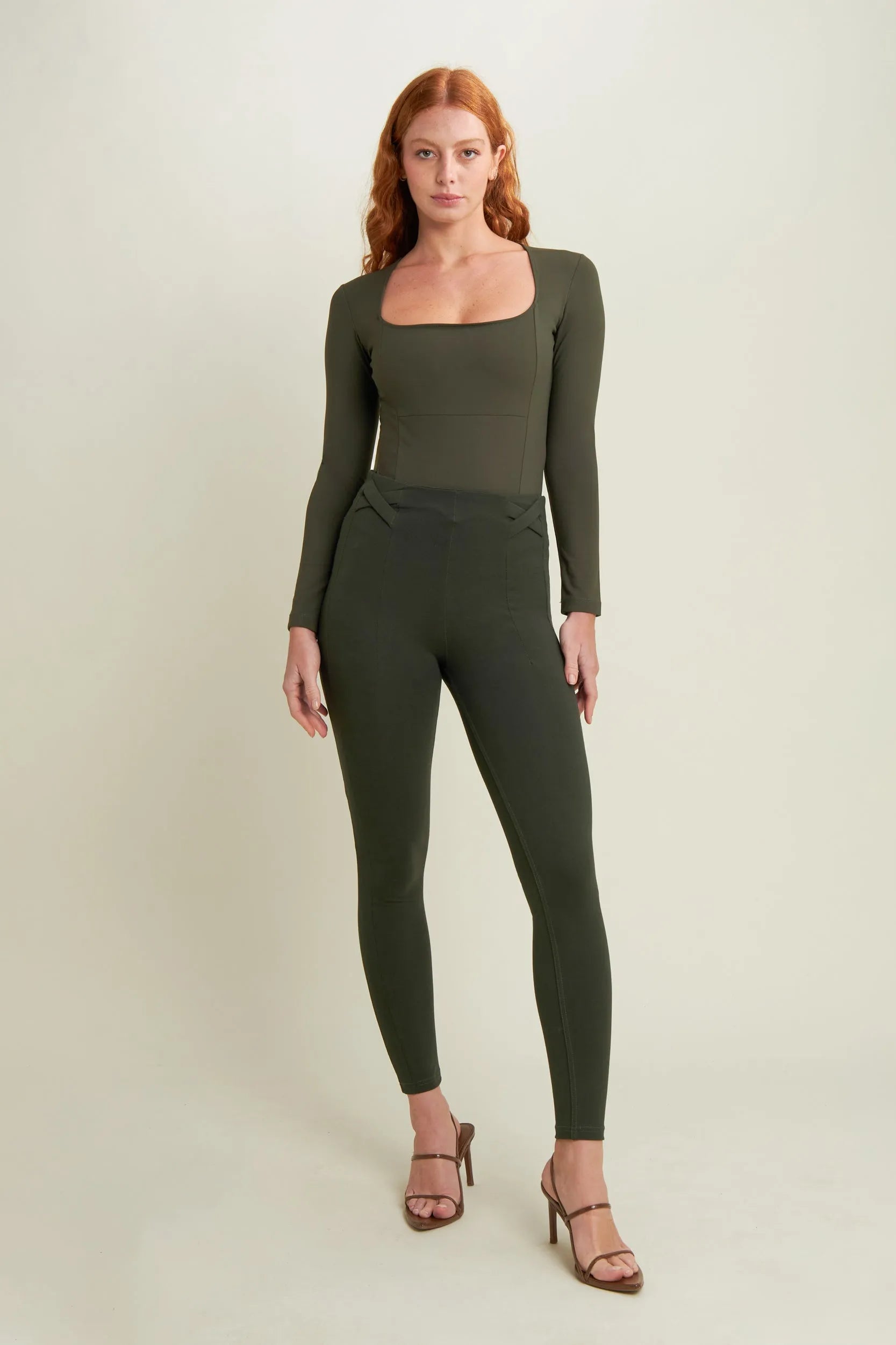 Women's Long Sleeve Square Neck Bodysuit - Military Green 2