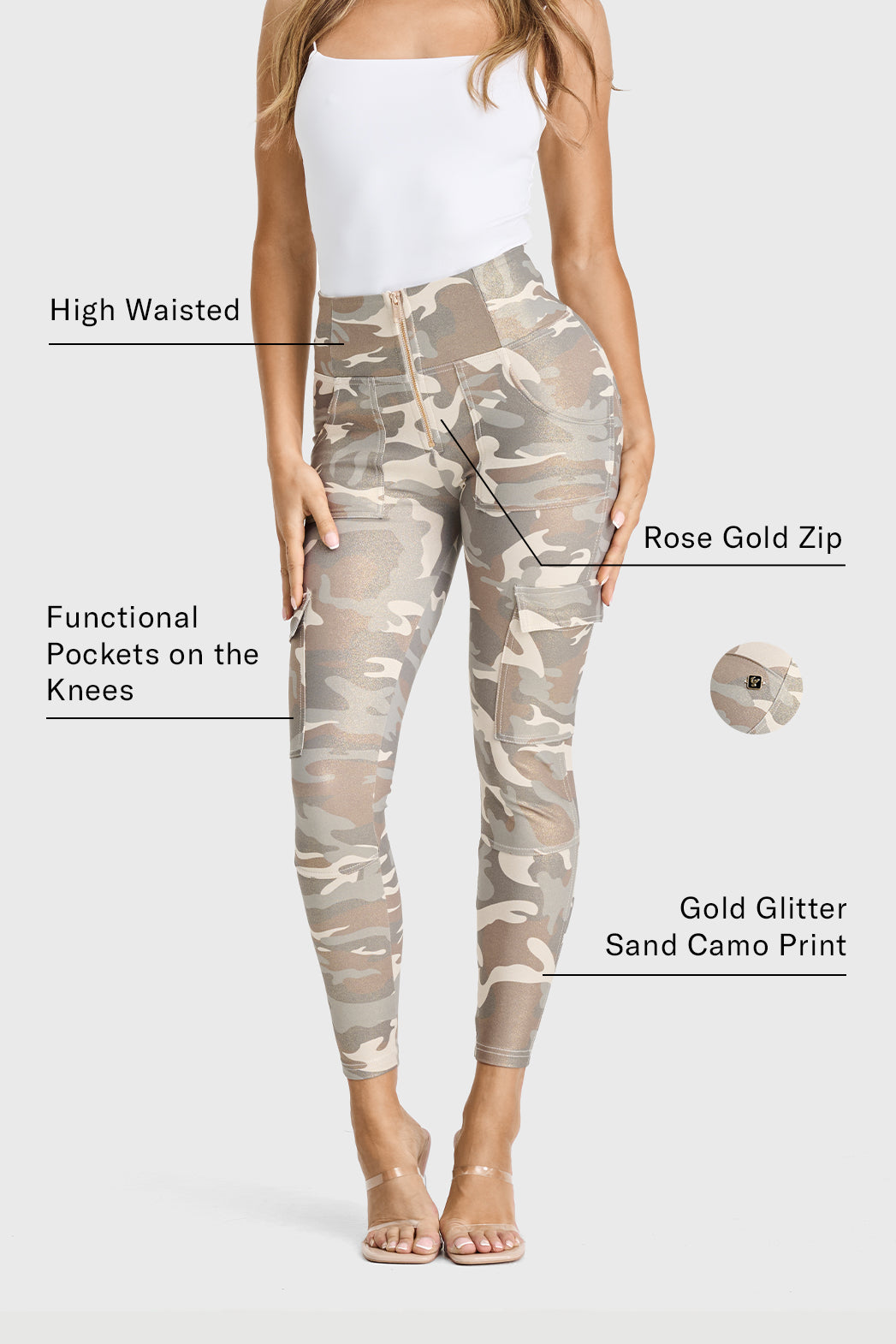 WRUP Cargo Fashion - High Waisted - 7/8 Length - Glitter Gold Camo