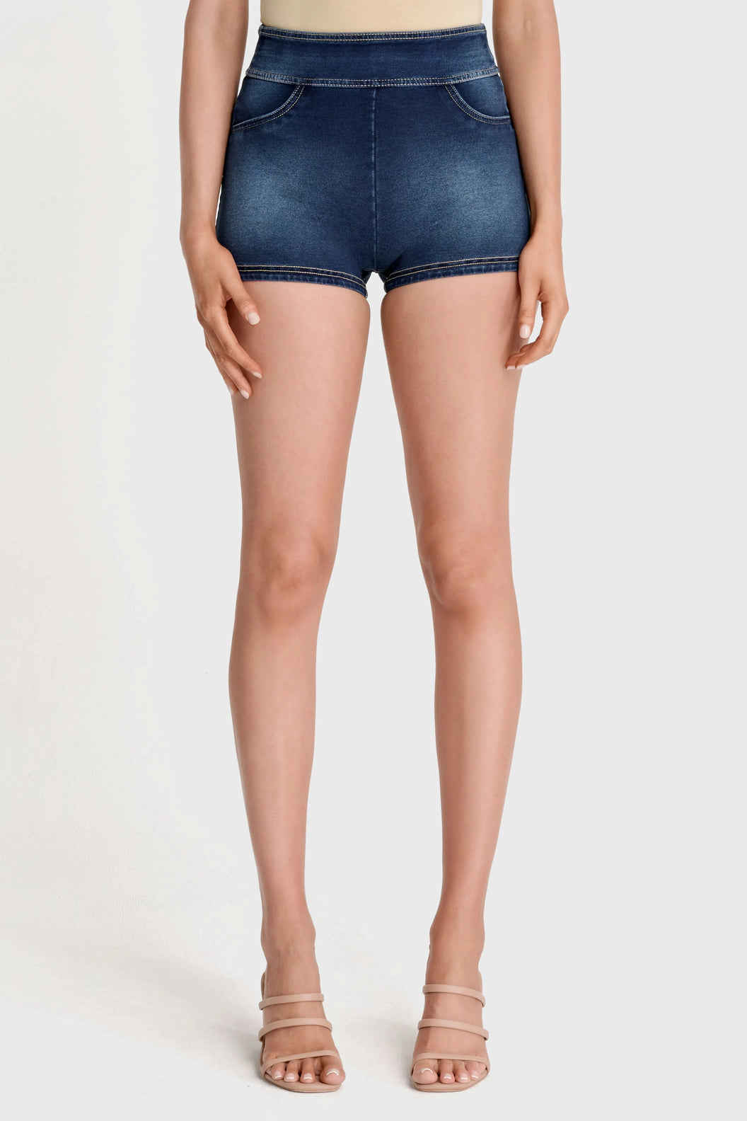 NOW Denim - High Waisted - Shorts - Dark Blue + Beige Stitching