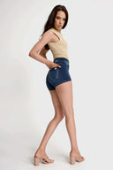 NOW Denim - High Waisted - Shorts - Dark Blue + Beige Stitching
