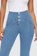 WRUP Denim - High Waisted - Bell Bottom Flare - Light Blue + Blue Stitching