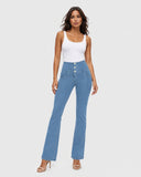 WRUP Denim - High Waisted - Bell Bottom Flare - Light Blue + Blue Stitching