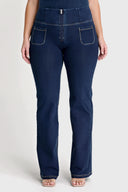 WRUP Denim with Front Pockets - Super High Waisted - Flare - Dark Blue + Beige Stitching