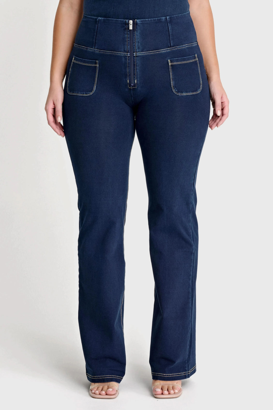 WRUP Denim with Front Pockets - Super High Waisted - Flare - Dark Blue + Beige Stitching