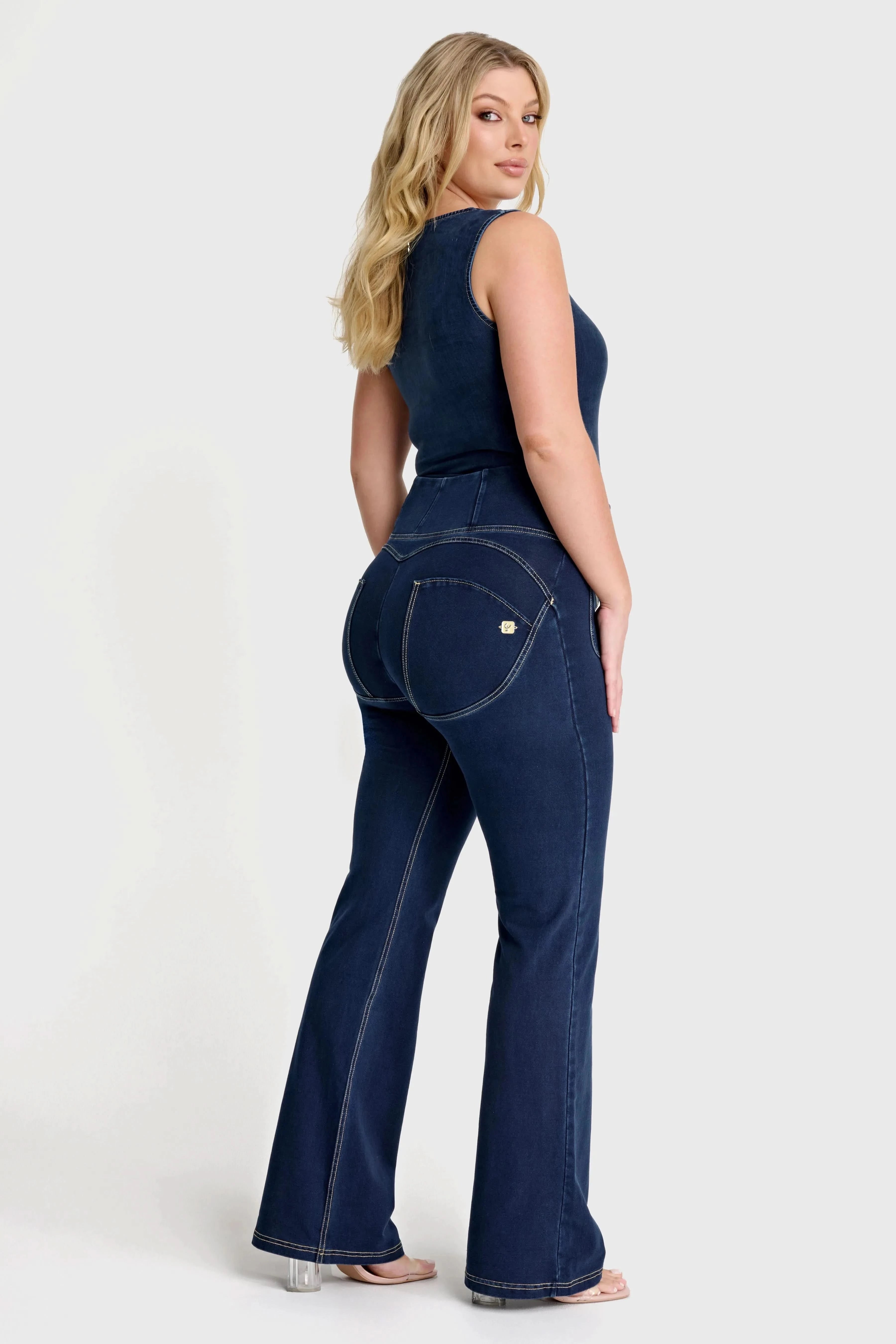WRUP Denim with Front Pockets - Super High Waisted - Flare - Dark Blue + Beige Stitching 2