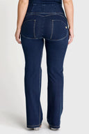WRUP Denim with Front Pockets - Super High Waisted - Flare - Dark Blue + Beige Stitching