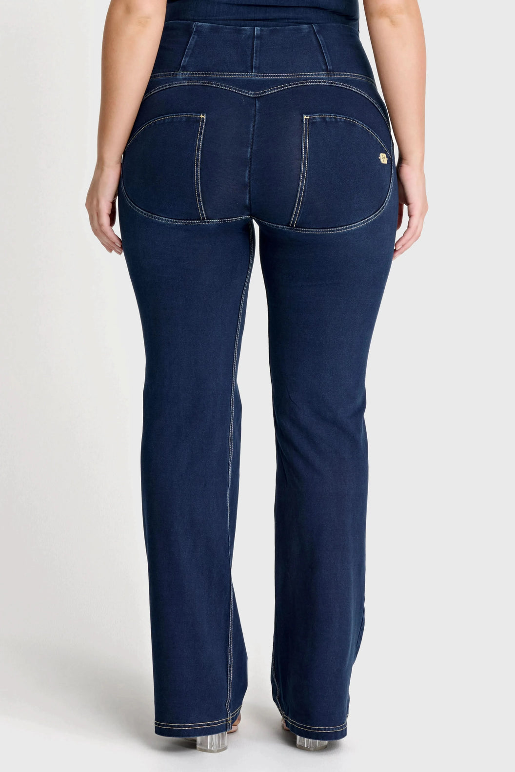WRUP Denim with Front Pockets - Super High Waisted - Flare - Dark Blue + Beige Stitching