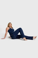 WRUP Denim with Front Pockets - Super High Waisted - Flare - Dark Blue + Beige Stitching