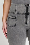 WRUP Denim with Front Pockets - Super High Waisted - Flare - Grey + Black Stitching
