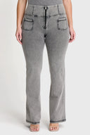 WRUP Denim with Front Pockets - Super High Waisted - Flare - Grey + Black Stitching