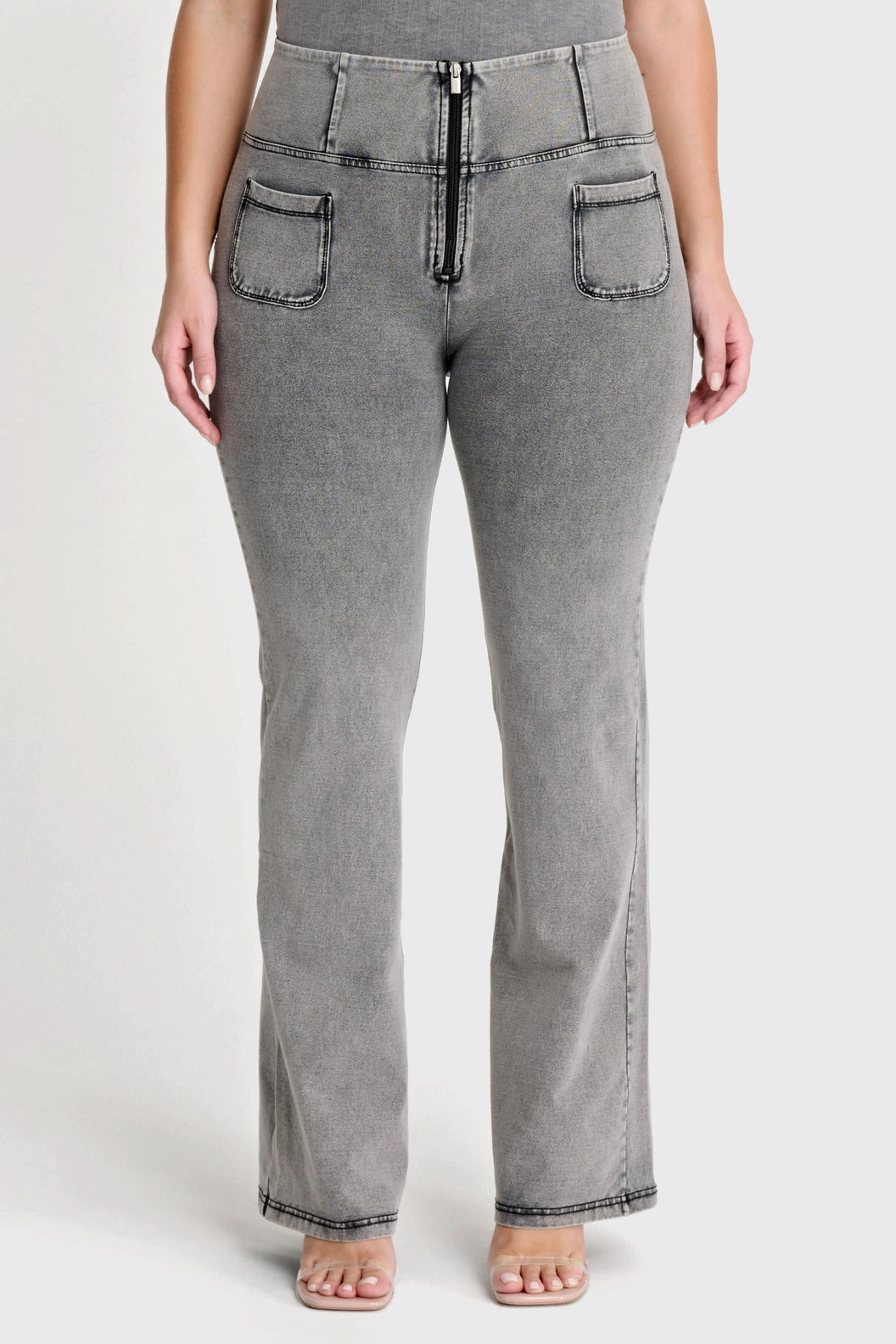 WRUP Denim with Front Pockets - Super High Waisted - Flare - Grey + Black Stitching