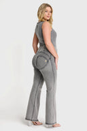 WRUP Denim with Front Pockets - Super High Waisted - Flare - Grey + Black Stitching