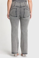 WRUP Denim with Front Pockets - Super High Waisted - Flare - Grey + Black Stitching