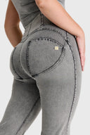 WRUP Denim with Front Pockets - Super High Waisted - Flare - Grey + Black Stitching