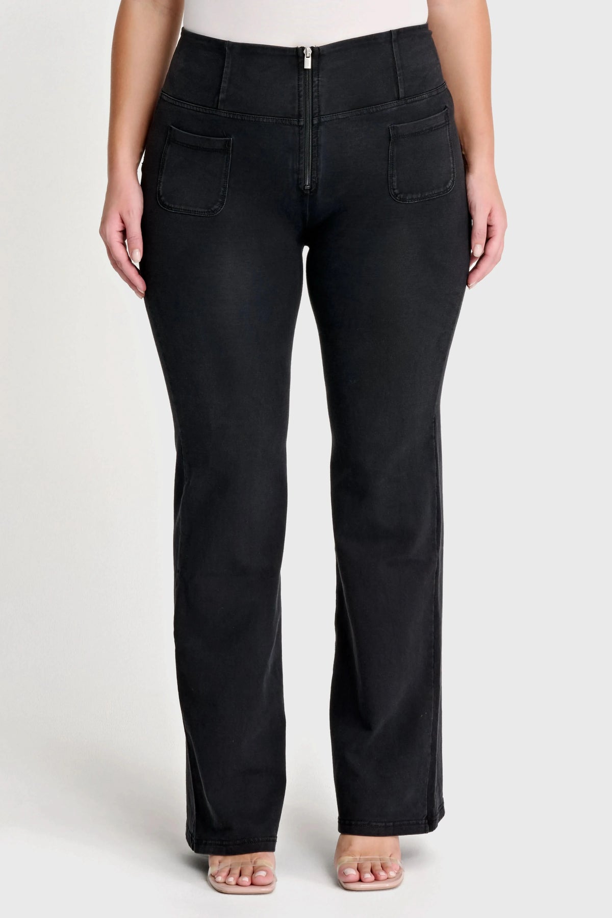 WRUP Denim with Front Pockets - Super High Waisted - Flare - Black + Black Stitching