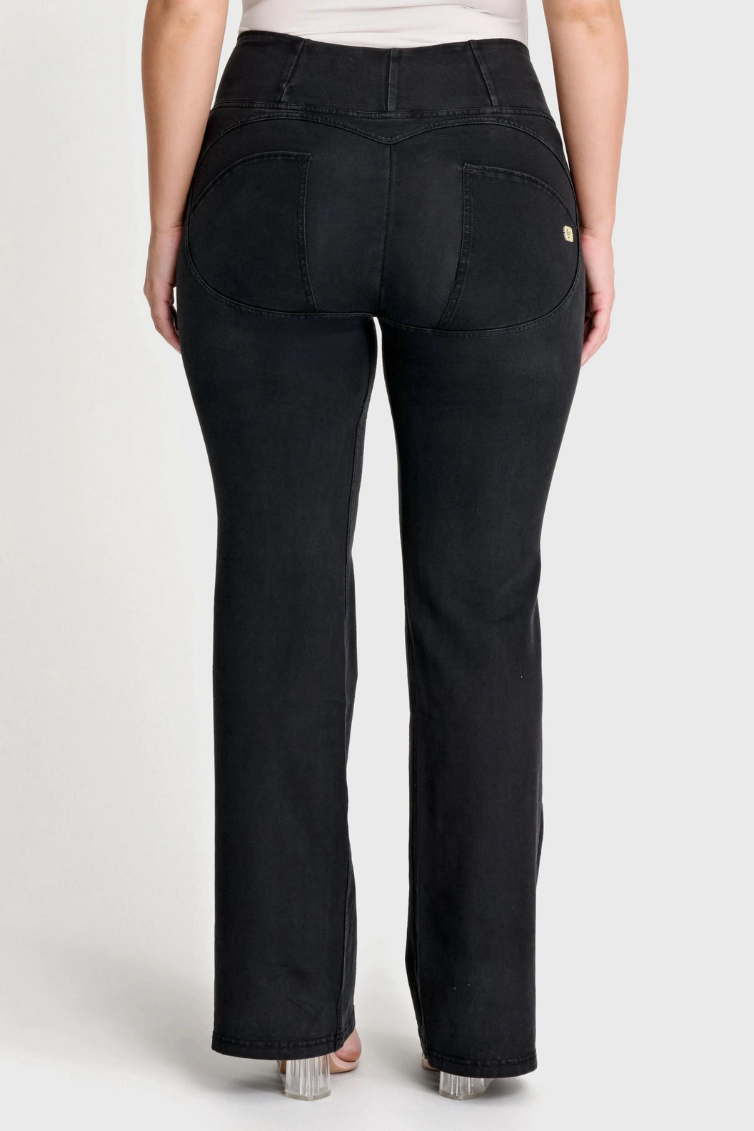 WRUP Denim with Front Pockets - Super High Waisted - Flare - Black + Black Stitching