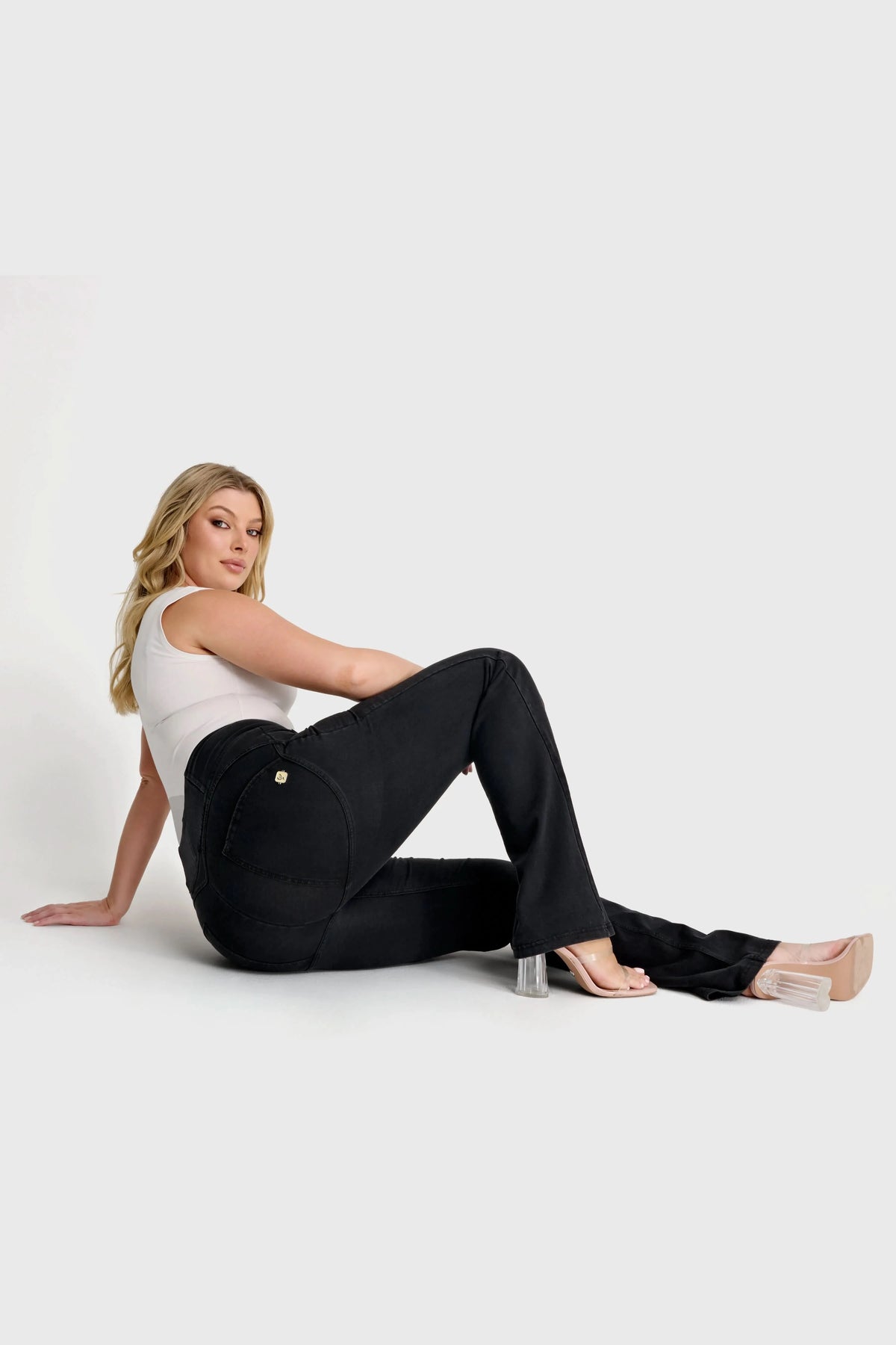 WRUP Denim with Front Pockets - Super High Waisted - Flare - Black + Black Stitching