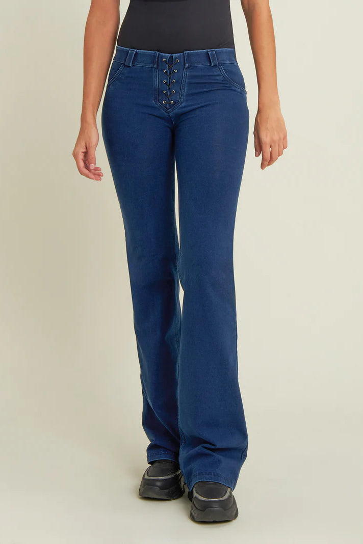 WRUP Denim with Criss Cross Detail - Mid Rise - Full Length - Flare - Dark Blue with Dark Blue Stitching 2