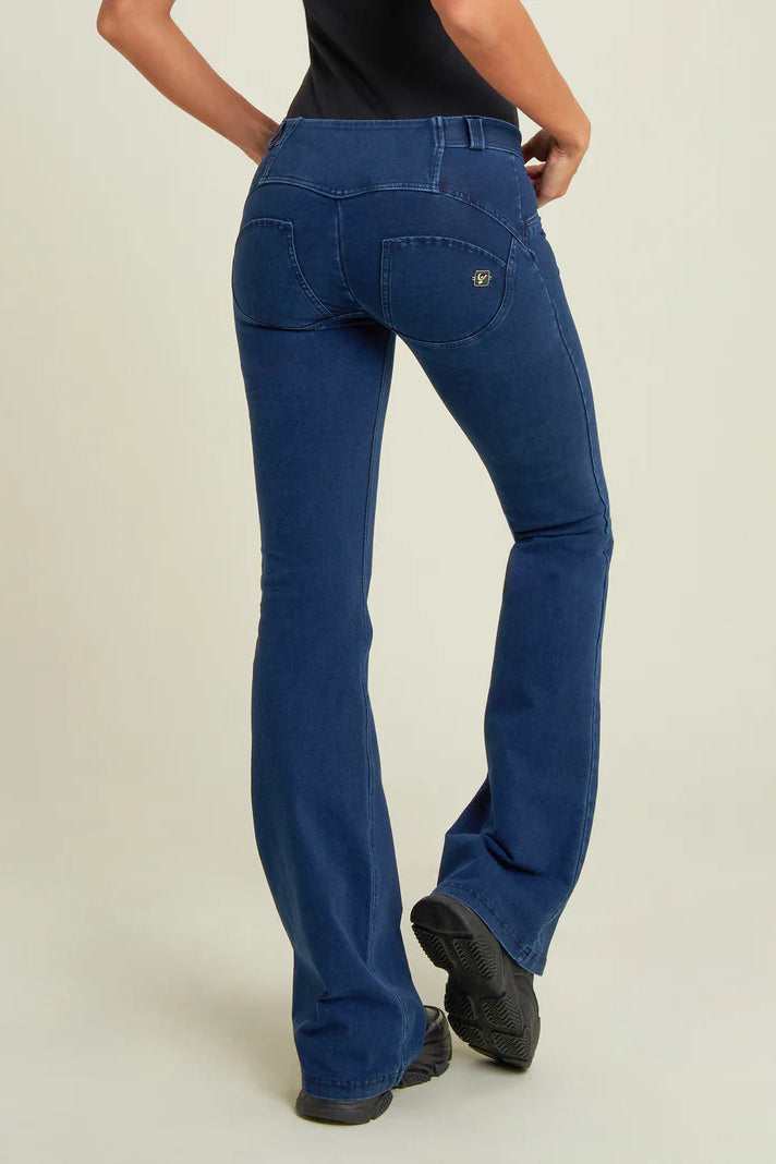 WRUP Denim with Criss Cross Detail - Mid Rise - Full Length - Flare - Dark Blue with Dark Blue Stitching 3