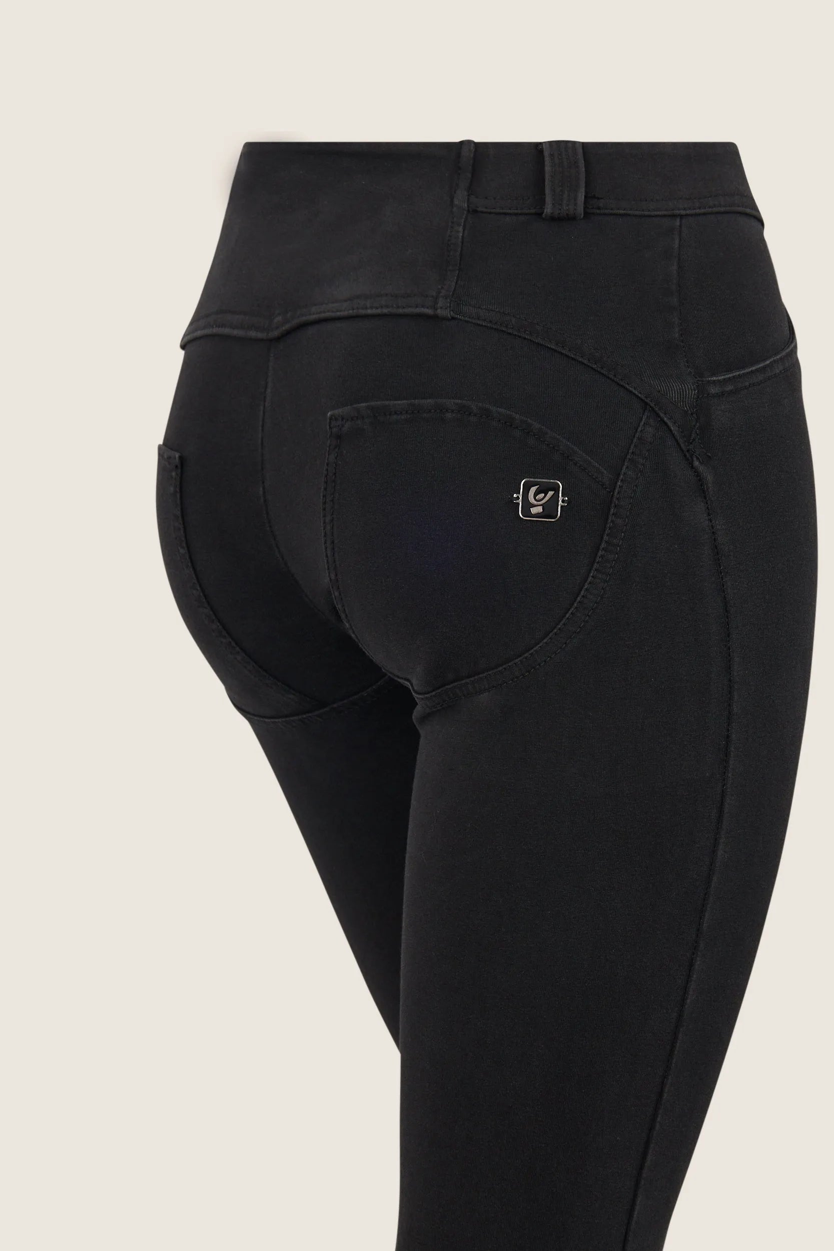 WRUP Denim with Criss Cross Detail - Mid Rise - Flare - Full Length - Black with Black Stitching 2