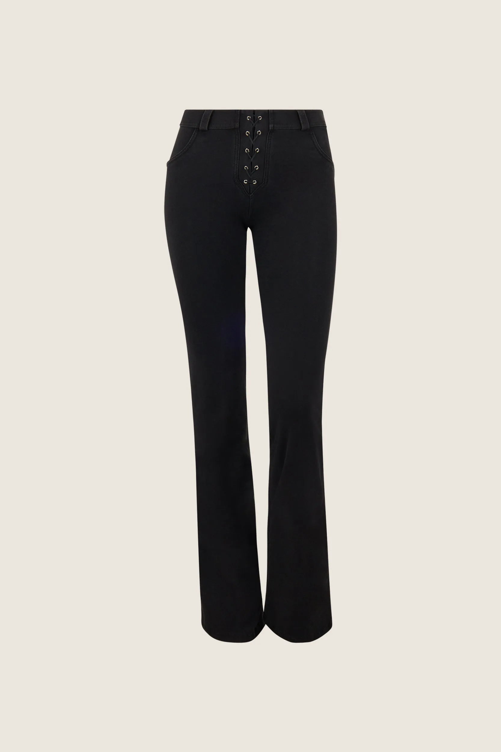 WRUP Denim with Criss Cross Detail - Mid Rise - Flare - Full Length - Black with Black Stitching 1