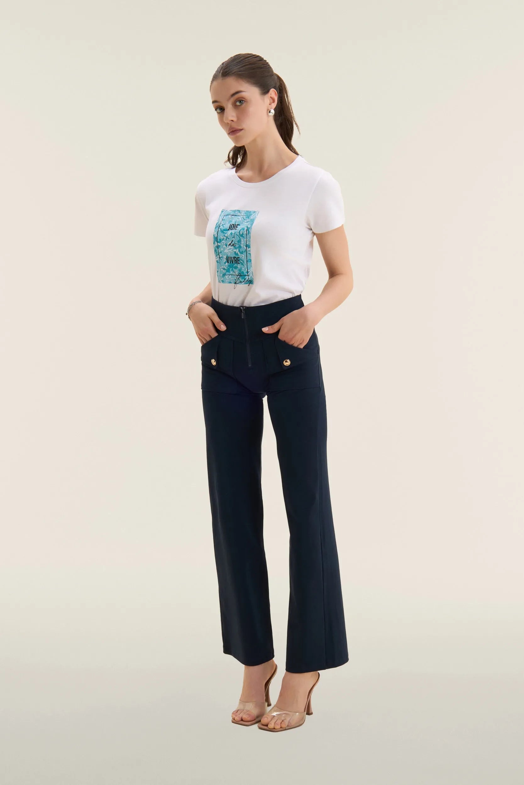 WRUP Fashion Flare Pant with Rose Gold detailing -  High Waisted - Full Length - Navy Blue with Blue stitching 2