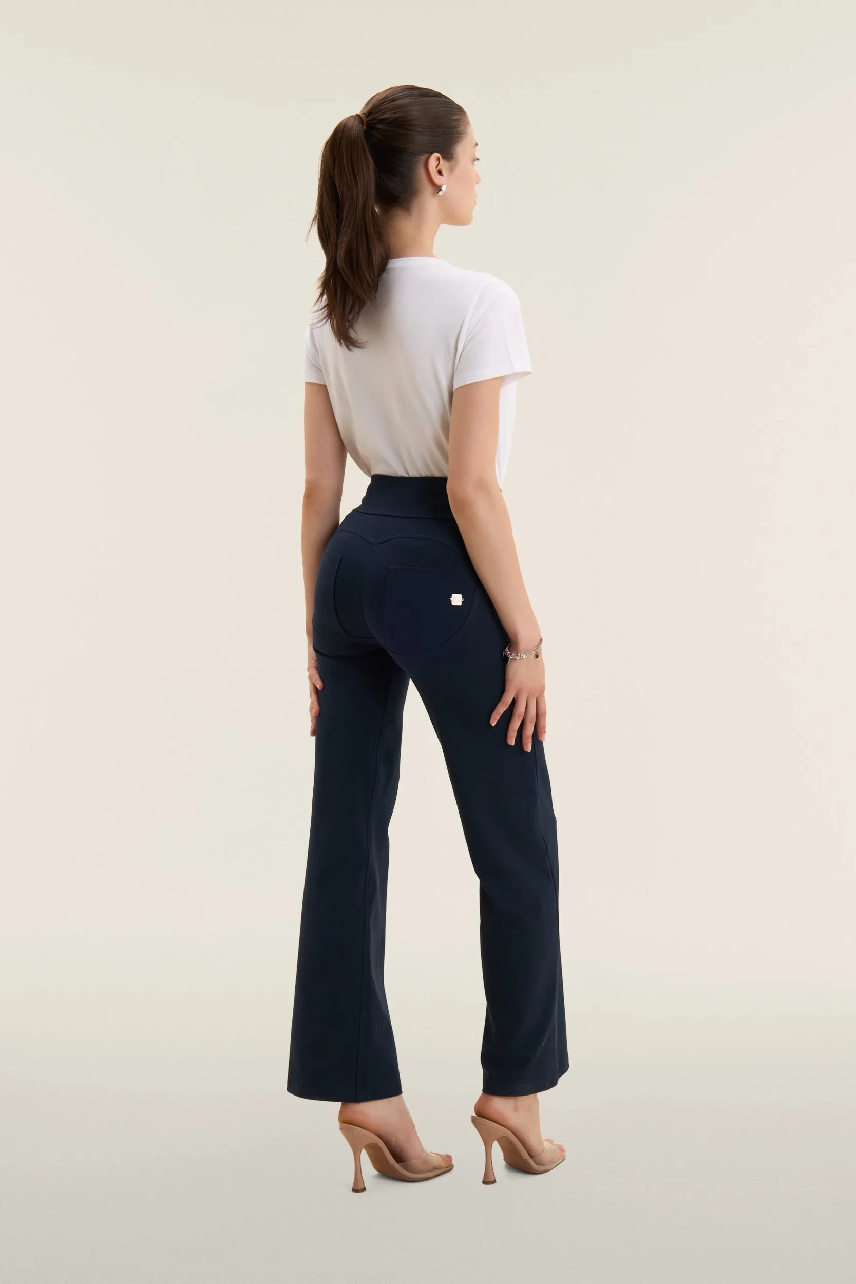 WRUP Fashion Flare Pant with Rose Gold detailing -  High Waisted - Full Length - Navy Blue with Blue stitching 3
