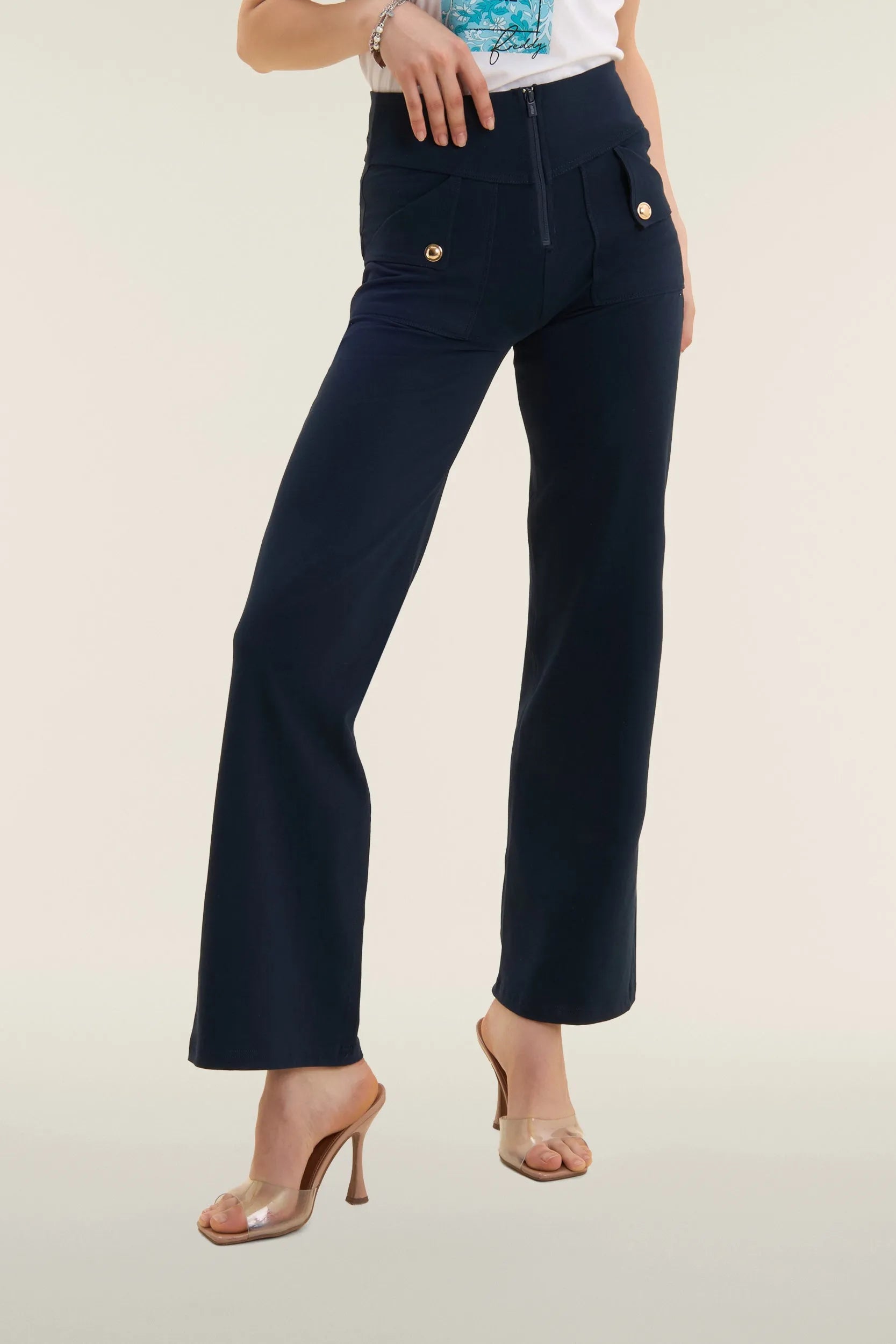 WRUP Fashion Flare Pant with Rose Gold detailing -  High Waisted - Full Length - Navy Blue with Blue stitching 1