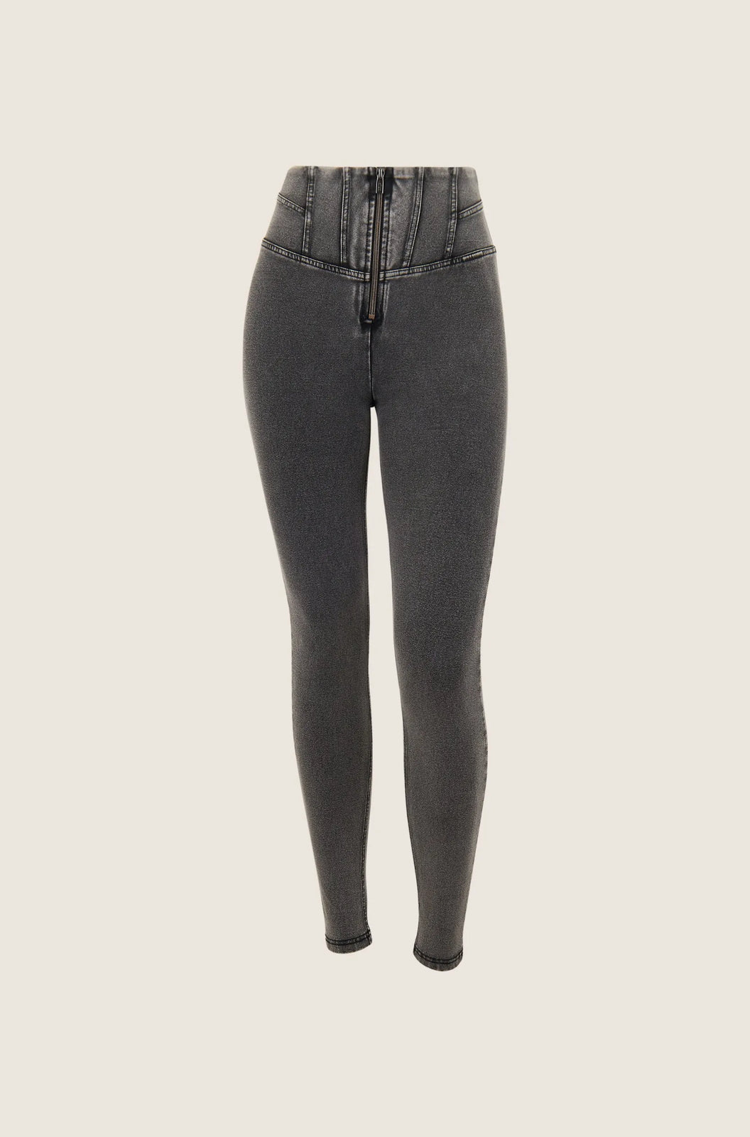 WRUP Denim with Corset detail - High Waisted - Full Length - Dark Grey Denim with Black Stitching