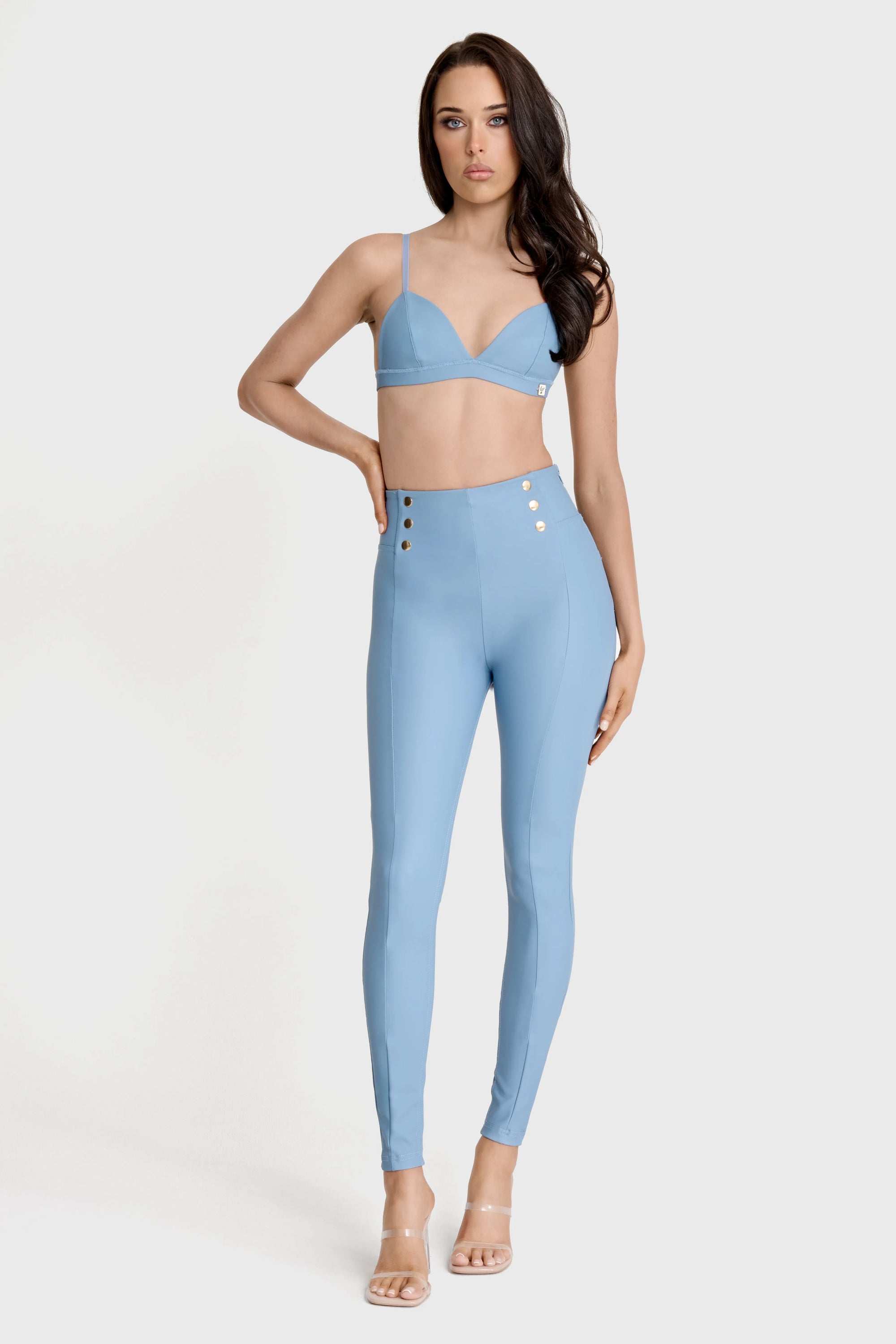 WRUP Faux Leather with Button Detail - Super High Waisted - Full Length - Baby Blue 2