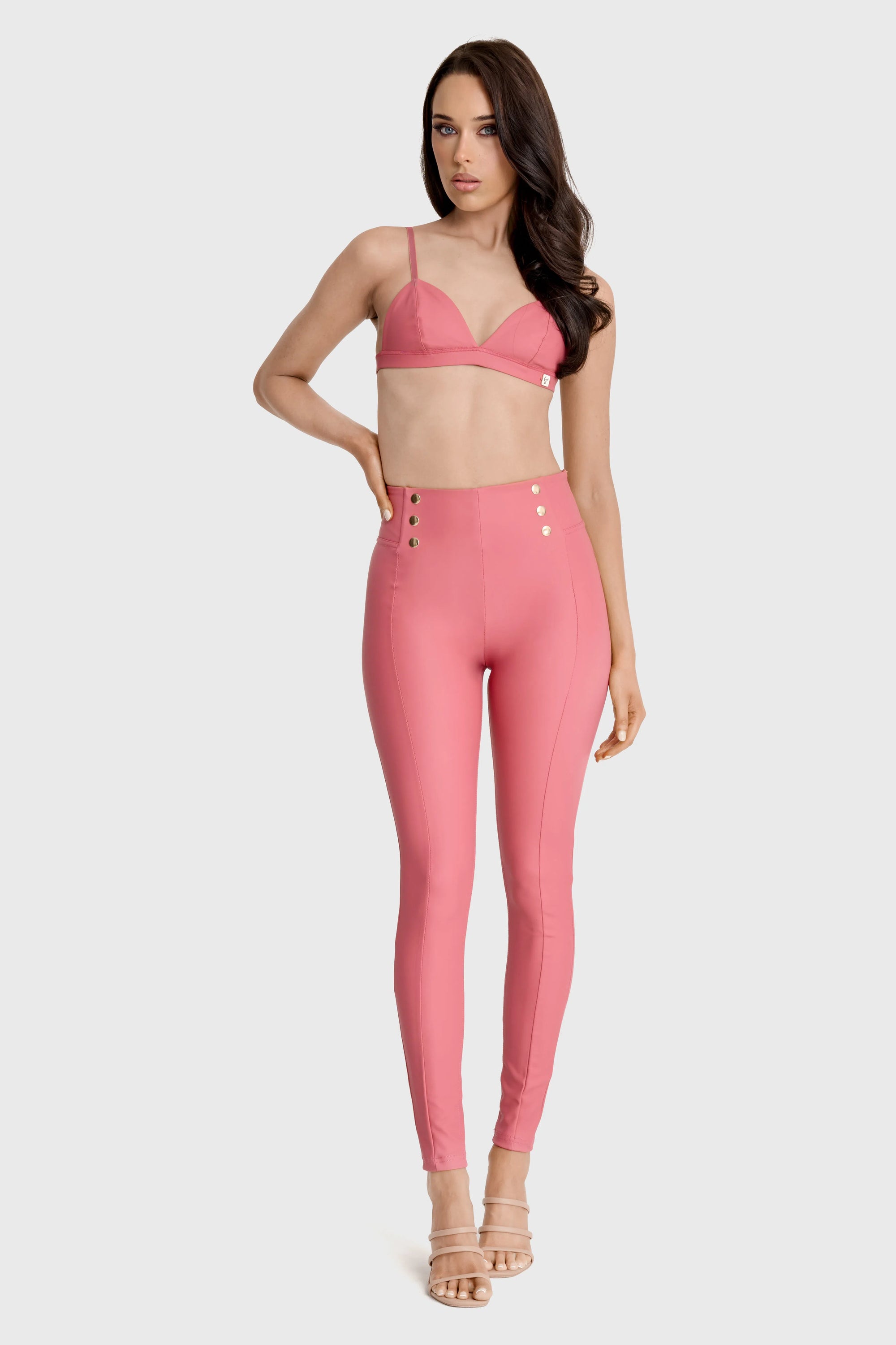WRUP Faux Leather with Button Detail - Super High Waisted - Full Length - Rosey Pink 2