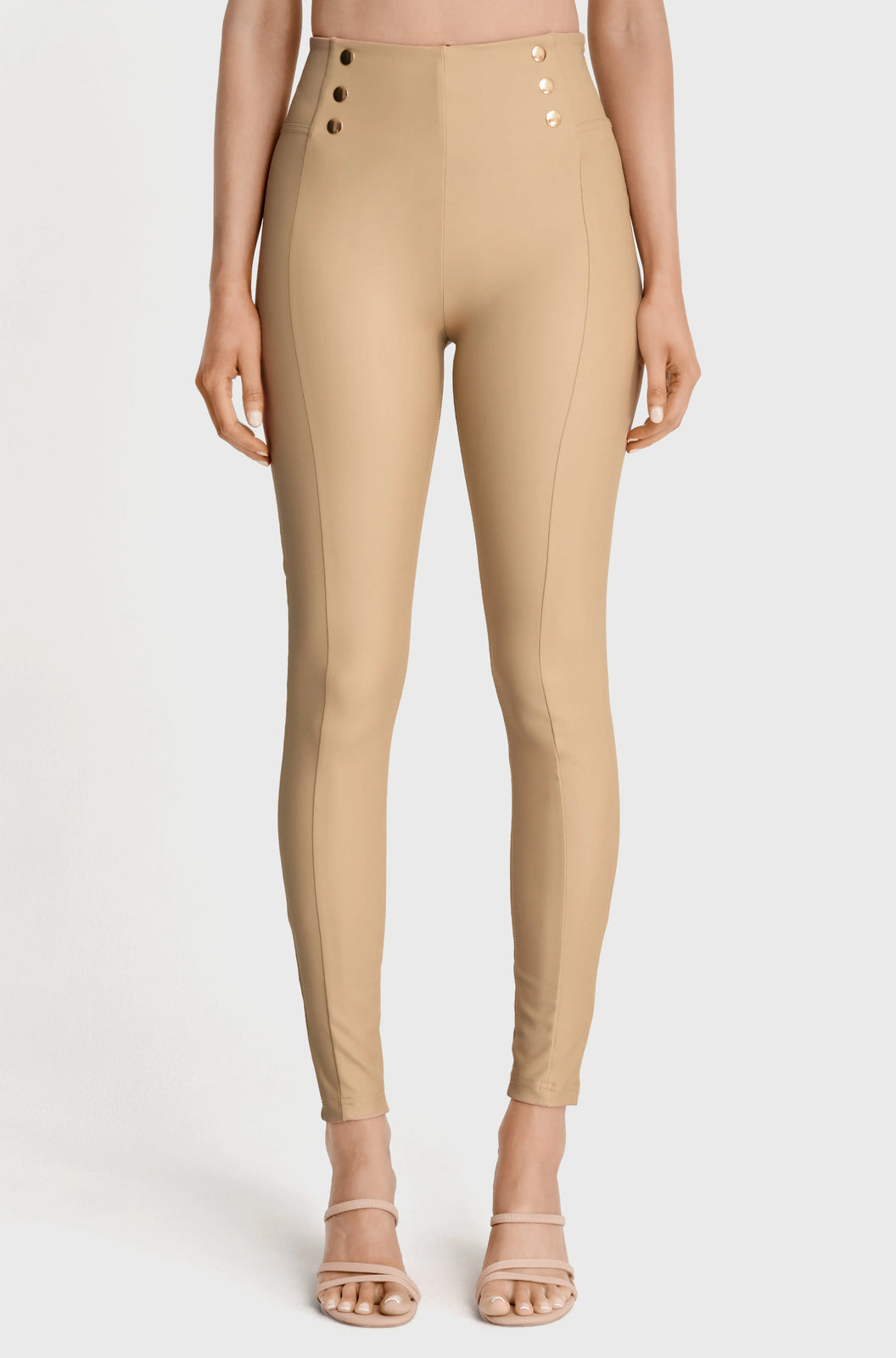 WRUP Faux Leather with Button Detail - Super High Waisted - Full Length - Sand