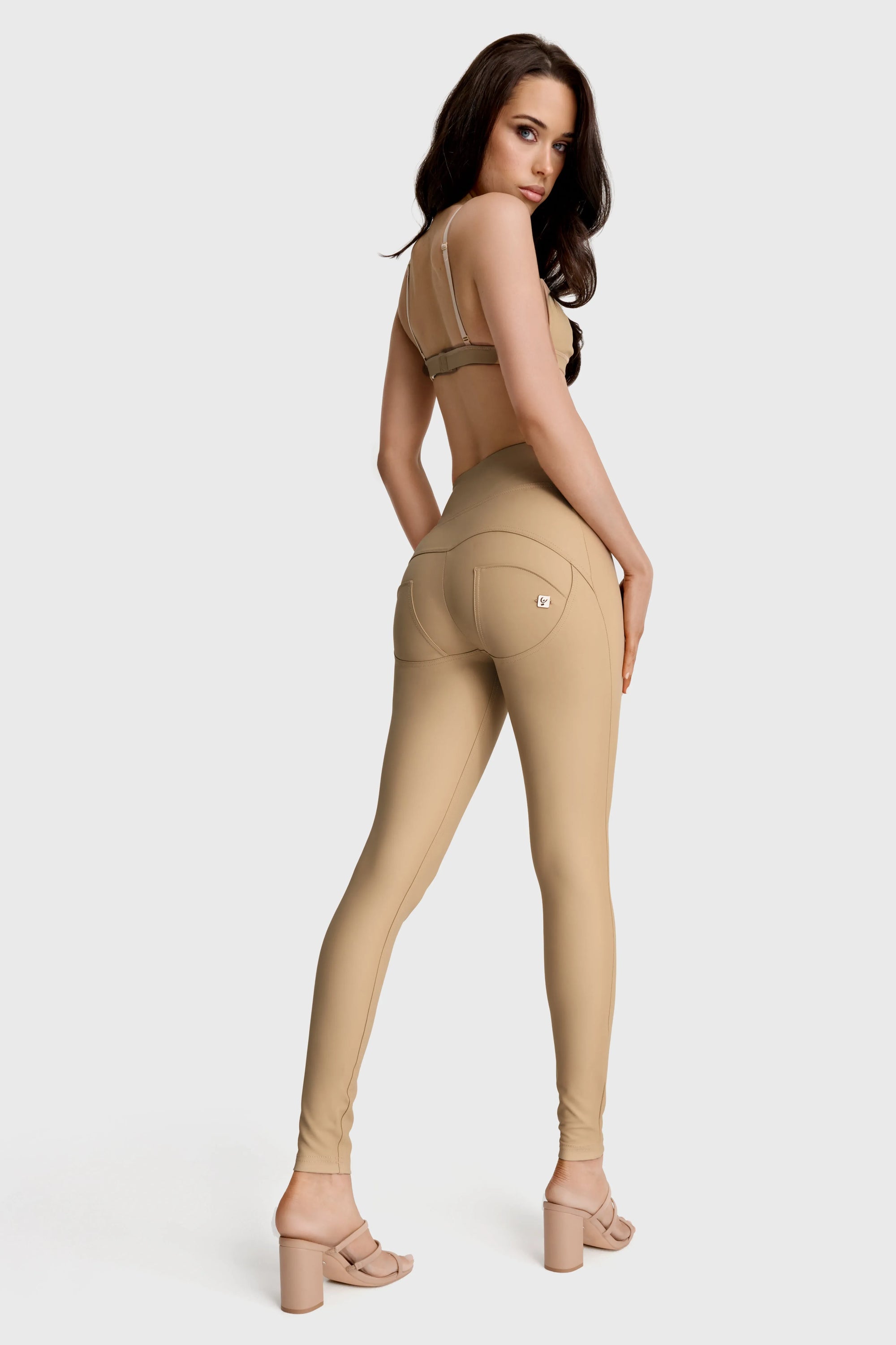 WRUP Faux Leather with Button Detail - Super High Waisted - Full Length - Sand 3