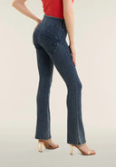 WRUP Denim Flare with Lace Detail - High Waisted - Full length - Dark Blue with Blue Stitching