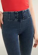 WRUP Denim Flare with Lace Detail - High Waisted - Full length - Dark Blue with Blue Stitching
