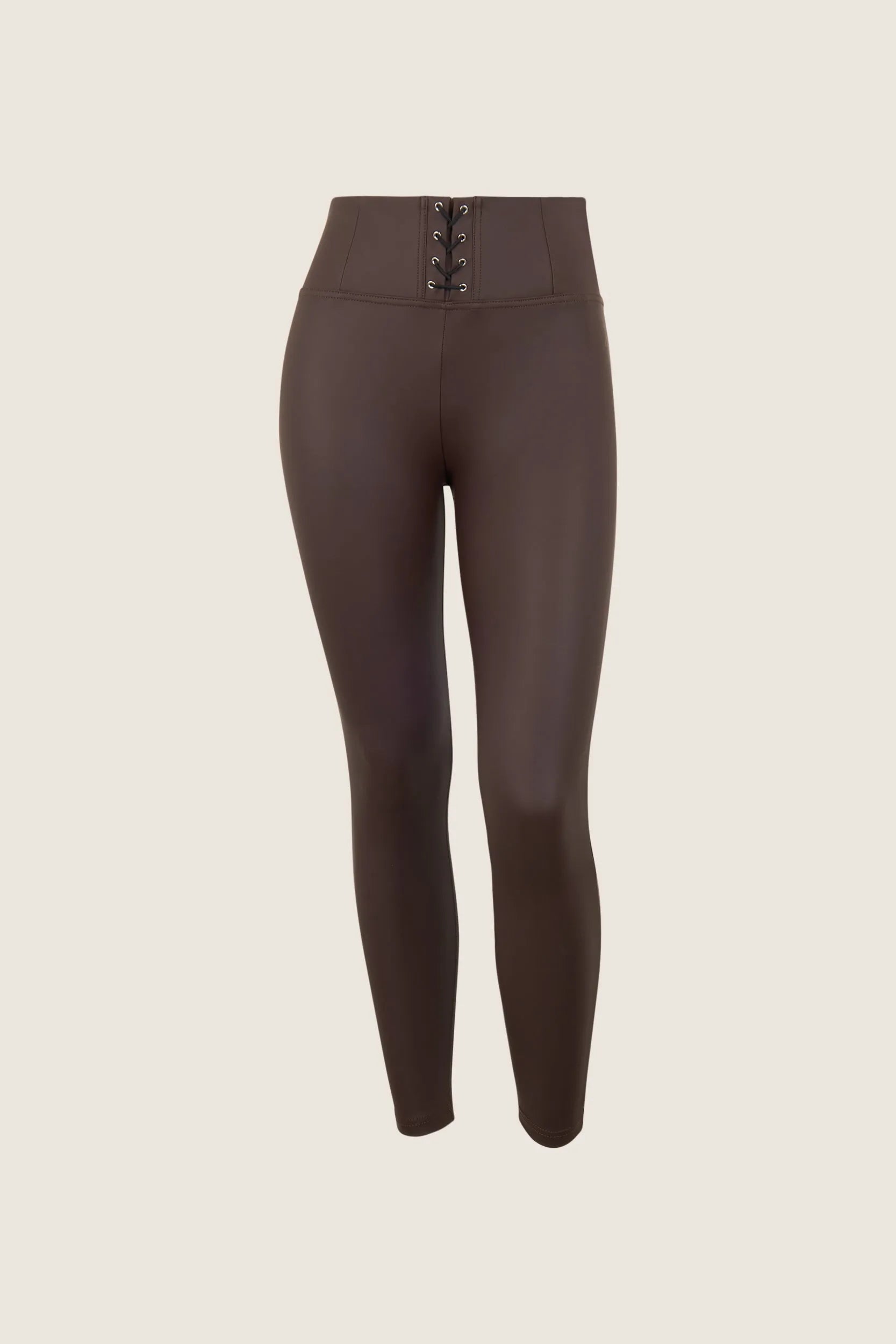 WRUP Faux Leather Criss Cross Detail - High Waisted - 7/8 Length - Chocolate 1