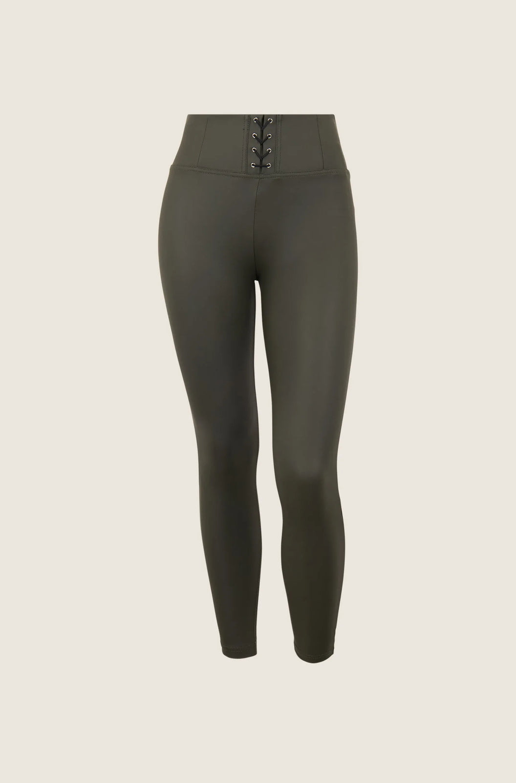 WRUP Faux Leather with Criss Cross Detail - High Waisted - 7/8 Length - Dark Khaki