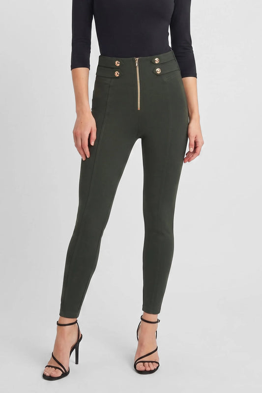 WRUP Military Button Detail Fashion - High Waisted - 7/8 Length - Army Green