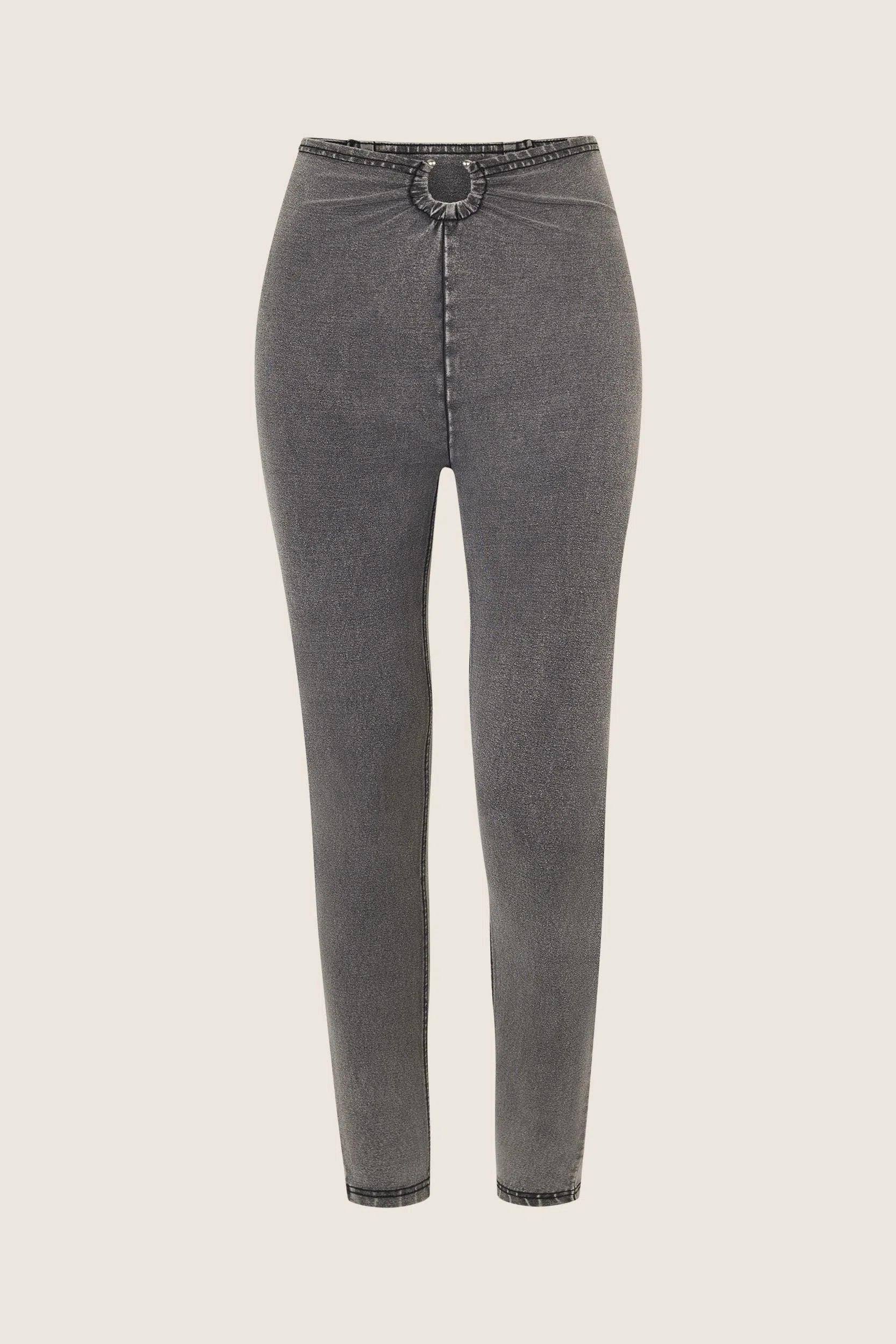 WRUP Denim with Ring Detail - High Waisted - 7/8 Length - Grey Denim + Black Stitching 1