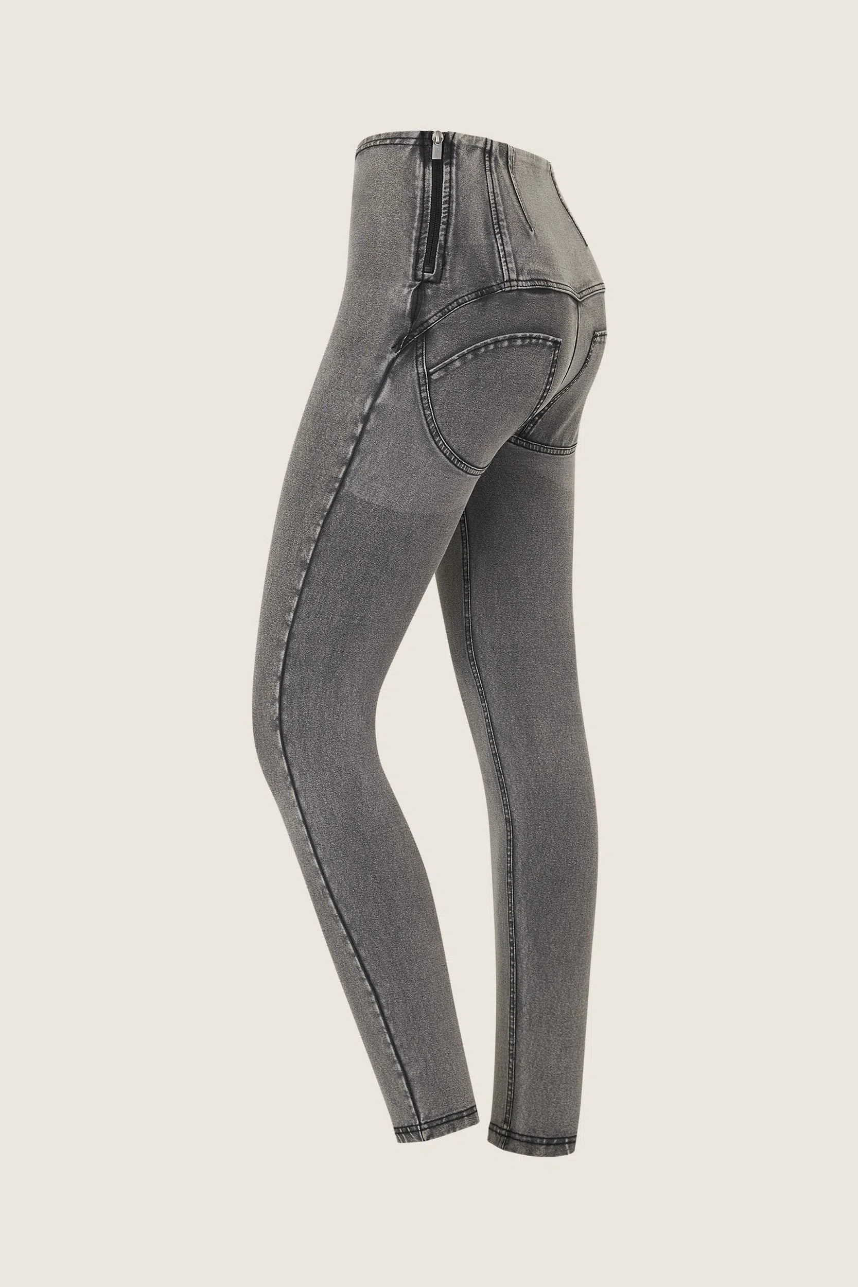 WRUP Denim with Ring Detail - High Waisted - 7/8 Length - Grey Denim + Black Stitching 2