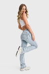 WR.UP® SNUG Jeans - 2 Button High Waisted - Bootcut - Light Blue + Yellow Stitching 15