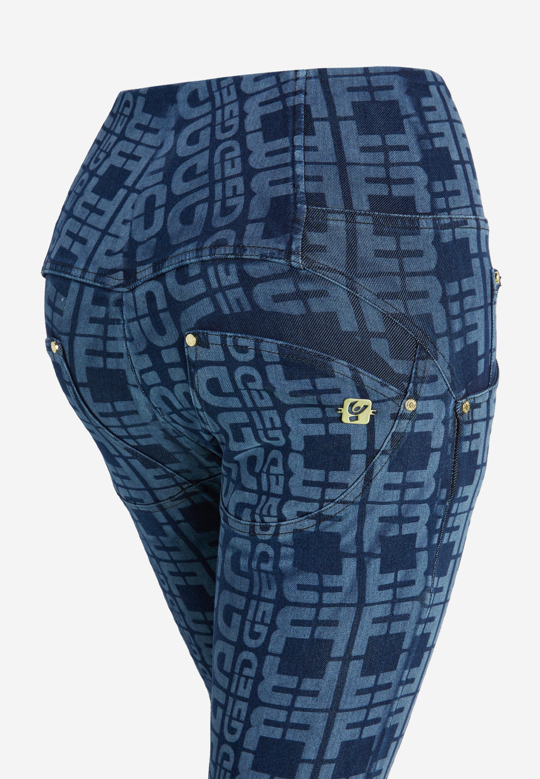 WR.UP® SNUG Jeans - 3 Button High Waisted - 7/8 Length - Dark Blue + Letter Print 3