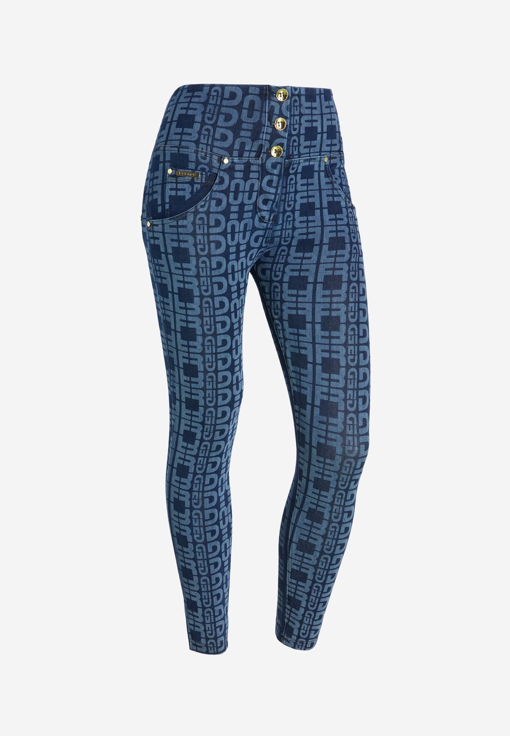 WR.UP® SNUG Jeans - 3 Button High Waisted - 7/8 Length - Dark Blue + Letter Print 1