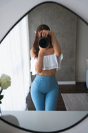 WRUP Faux Leather with Button Detail - Super High Waisted - Full Length - Baby Blue