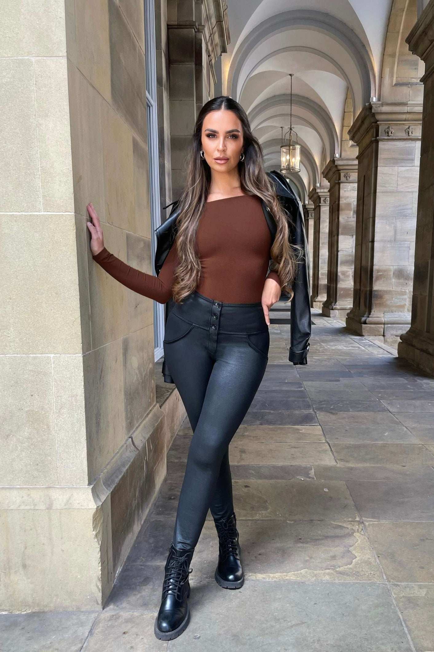 WRUP Coated Denim - High Waisted - Full Length - Coated Black + Black Stitching 2