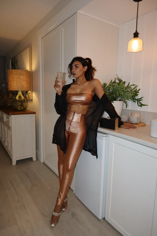 WRUP Luxe Shimmer Pants - Super High Waisted - Full Length - Rose Gold